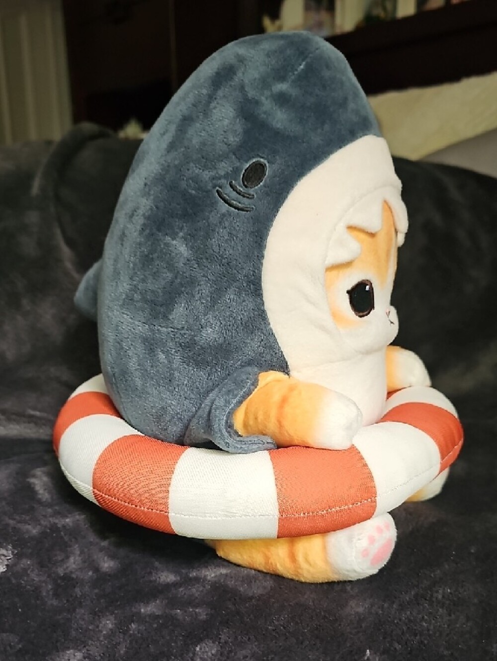 Cream & Orange Cat Plush in Blue Shark Hoodie with Orange Life Ring - Plush Toy - Picture 2 of 7